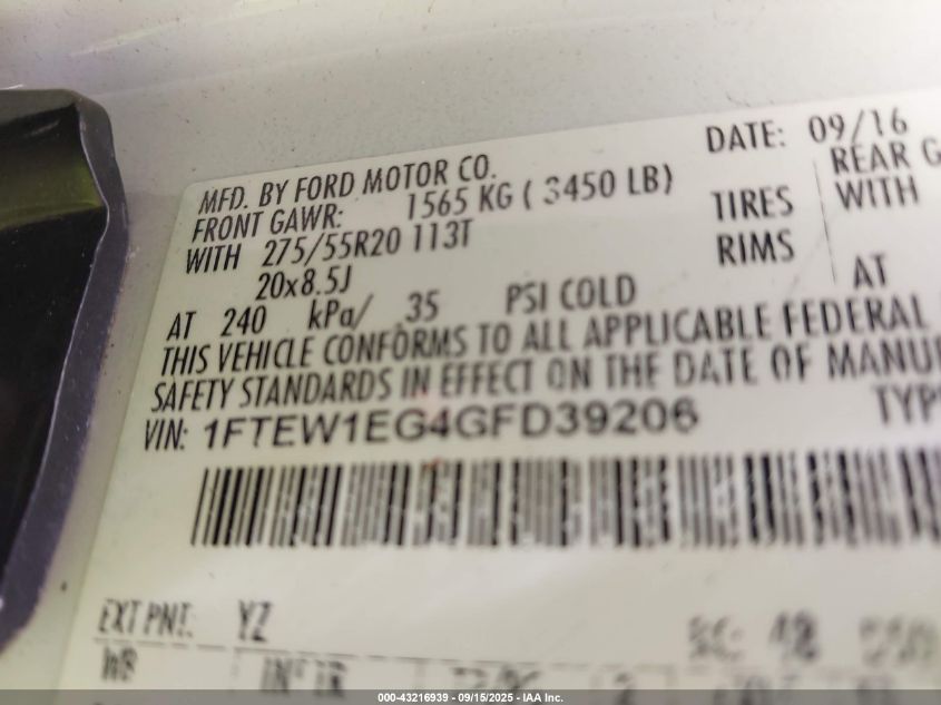 2016 Ford F-150 Xlt VIN: 1FTEW1EG4GFD39206 Lot: 43216939