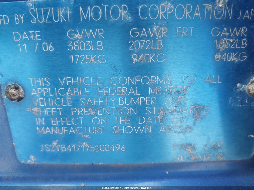 2007 Suzuki Sx4 Sport VIN: JS2YB417175100496 Lot: 43216957