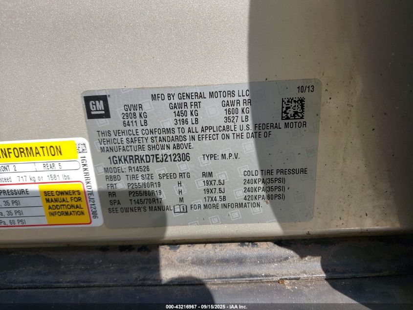 2014 GMC Acadia Slt-1 VIN: 1GKKRRKD7EJ212306 Lot: 43216967