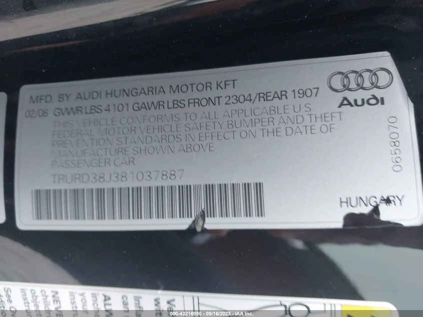 2008 Audi Tt 3.2 VIN: TRURD38J381037887 Lot: 43216990