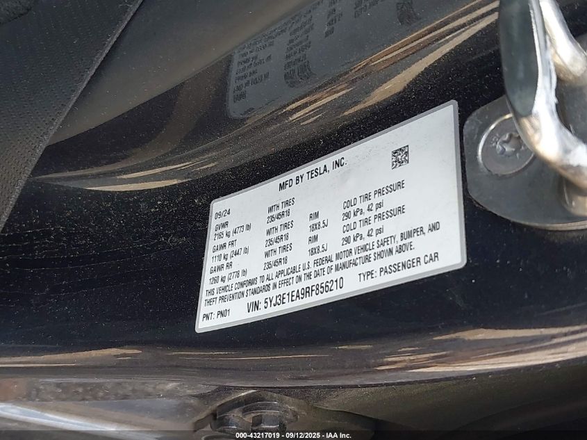 2024 Tesla Model 3 Long Range Dual Motor All-Wheel Drive/Rear-Wheel Drive VIN: 5YJ3E1EA9RF856210 Lot: 43217019