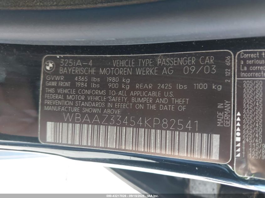 2004 BMW 325I VIN: WBAAZ33454KP82541 Lot: 43217026