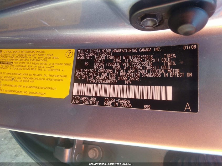 2008 Lexus Rx 350 VIN: 2T2HK31U48C093537 Lot: 43217030