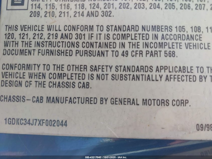1999 GMC Sierra C3500 Hd Chassis Sl VIN: 1GDKC34J7XF002044 Lot: 43217040