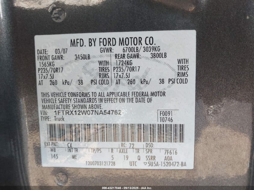2007 Ford F-150 Stx/Xl/Xlt VIN: 1FTRX12W07NA54762 Lot: 43217046
