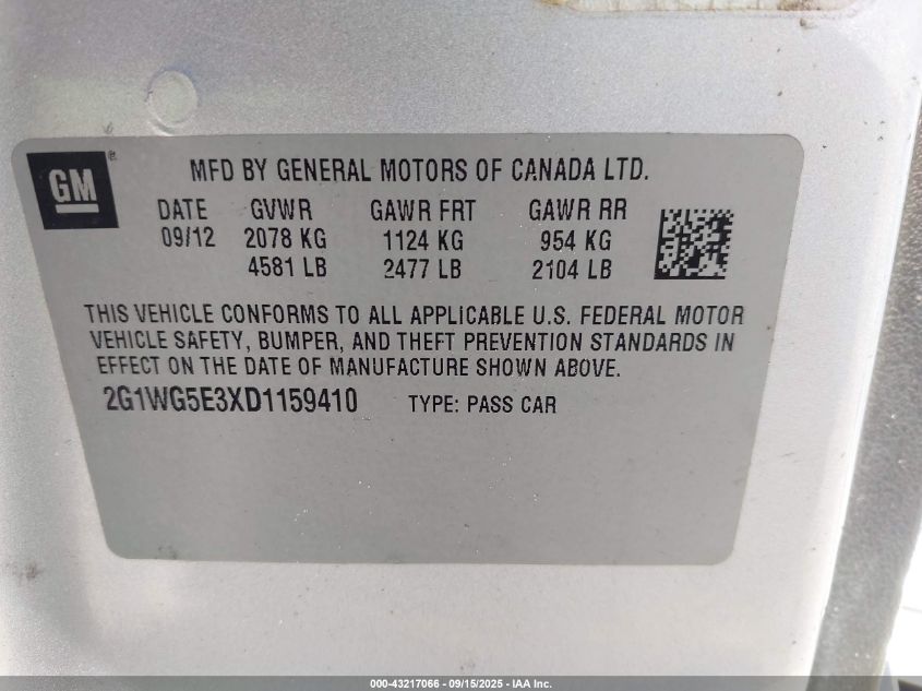 2013 Chevrolet Impala Lt VIN: 2G1WG5E3XD1159410 Lot: 43217066