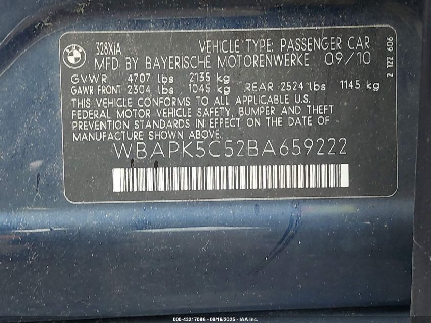 2011 BMW 328I xDrive VIN: WBAPK5C52BA659222 Lot: 43217086