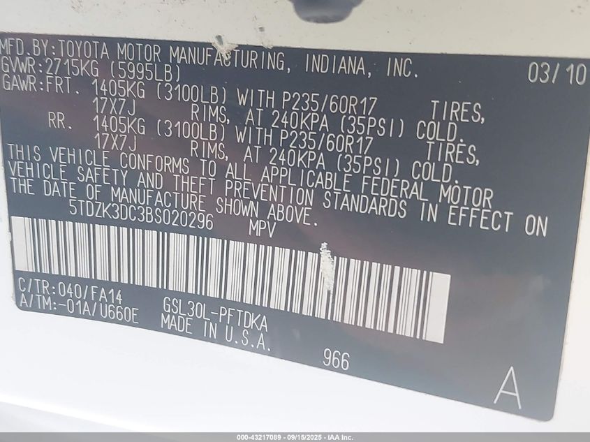 2011 Toyota Sienna Base V6 VIN: 5TDZK3DC3BS020296 Lot: 43217089