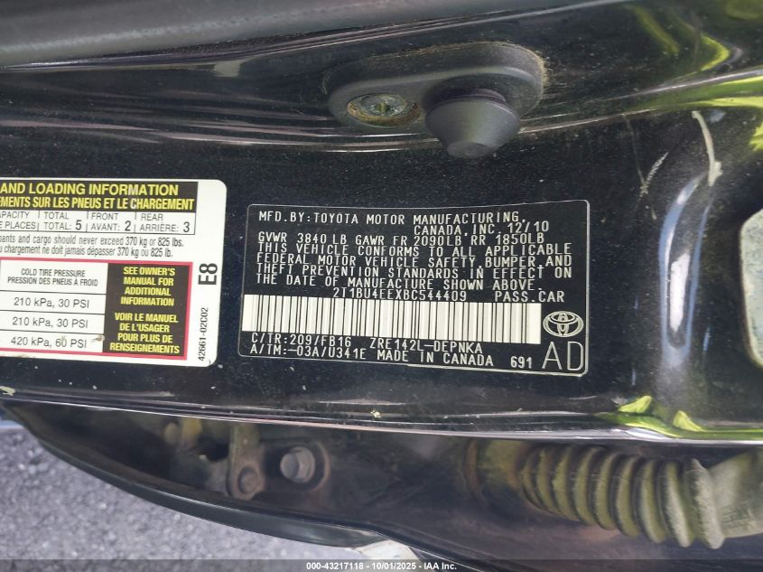 2011 Toyota Corolla Le VIN: 2T1BU4EEXBC544409 Lot: 43217118