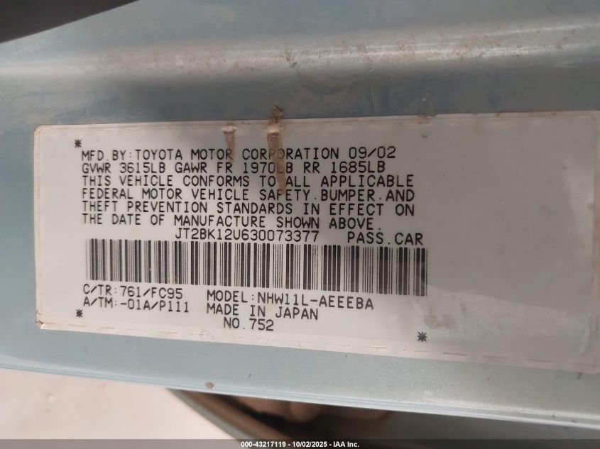 2003 Toyota Prius VIN: JT2BK12U630073377 Lot: 43217119