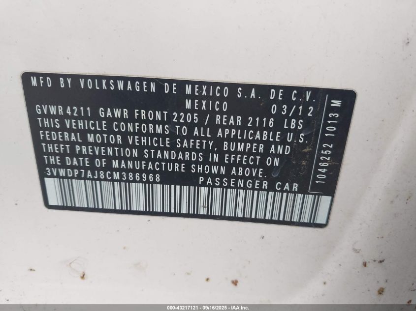 2012 Volkswagen Jetta 2.5L Se VIN: 3VWDP7AJ8CM386968 Lot: 43217121