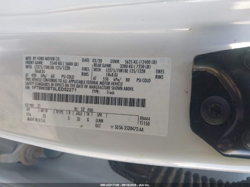 2020 Ford F350 Xlt VIN: 1FT8W3BT0LED52271 Lot: 43217149