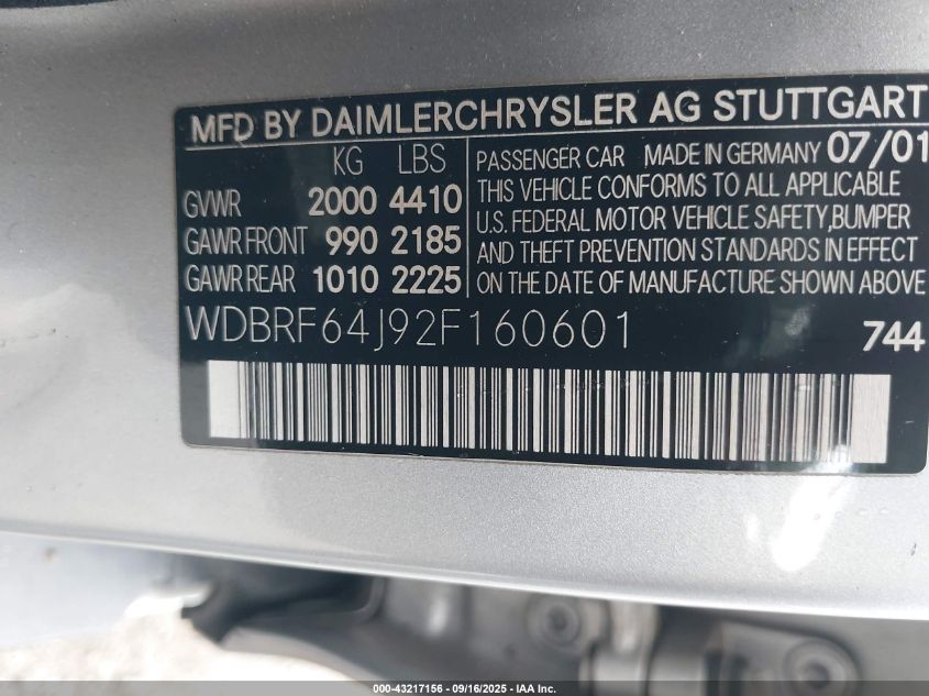 2002 Mercedes-Benz C 320 VIN: WDBRF64J92F160601 Lot: 43217156