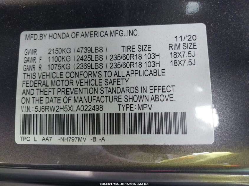 2020 Honda Cr-V Awd Ex VIN: 5J6RW2H5XLA022498 Lot: 43217165