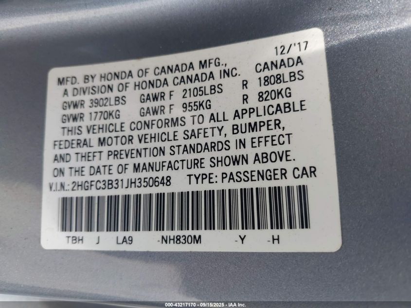 2018 Honda Civic Ex VIN: 2HGFC3B31JH350648 Lot: 43217170