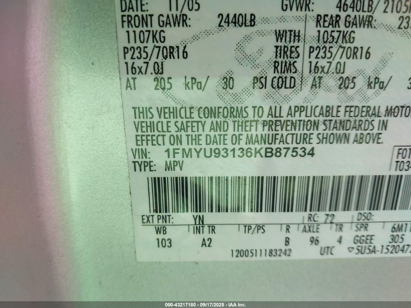 2006 Ford Escape Xlt/Xlt Sport VIN: 1FMYU93136KB87534 Lot: 43217180