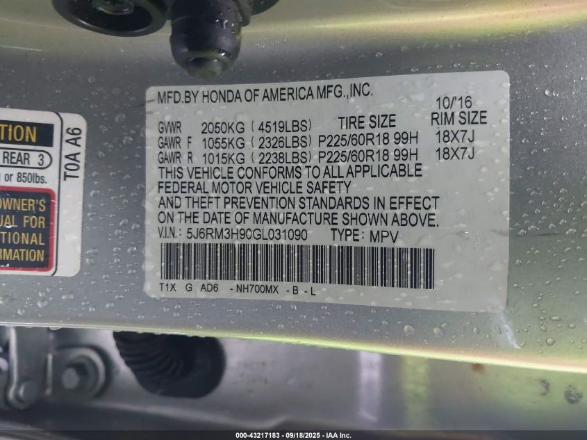 2016 Honda Cr-V Touring VIN: 5J6RM3H90GL031090 Lot: 43217183