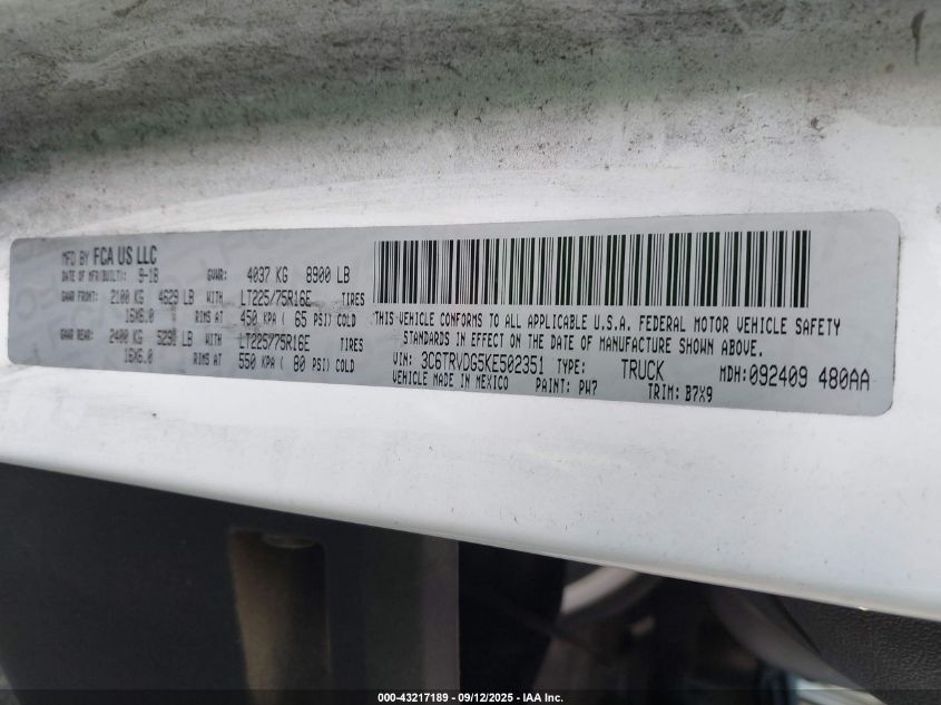 2019 Ram Promaster 2500 VIN: 3C6TRVDG5KE502351 Lot: 43217189