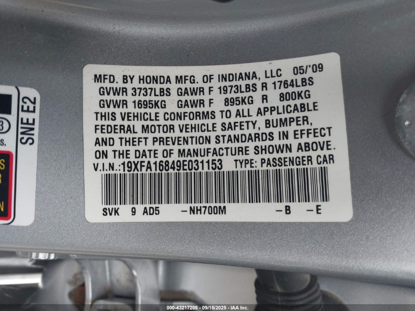 2009 Honda Civic Ex VIN: 19XFA16849E031153 Lot: 43217208