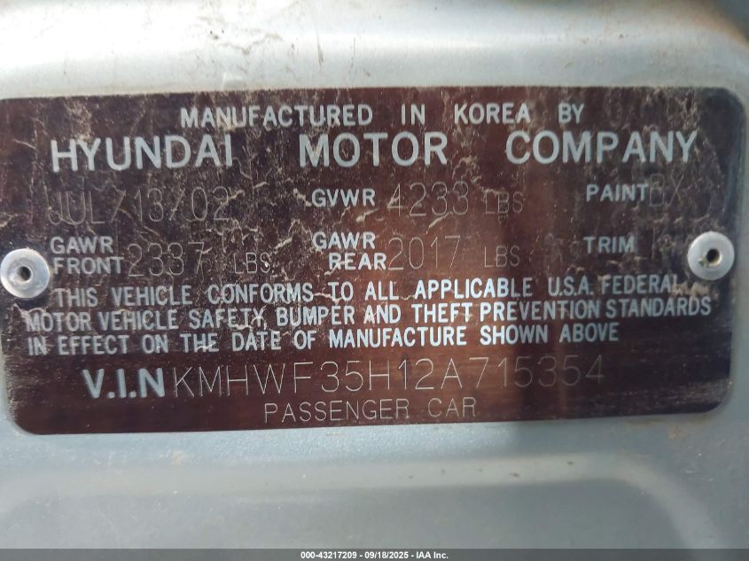 2002 Hyundai Sonata Gls/Lx VIN: KMHWF35H12A715354 Lot: 43217209