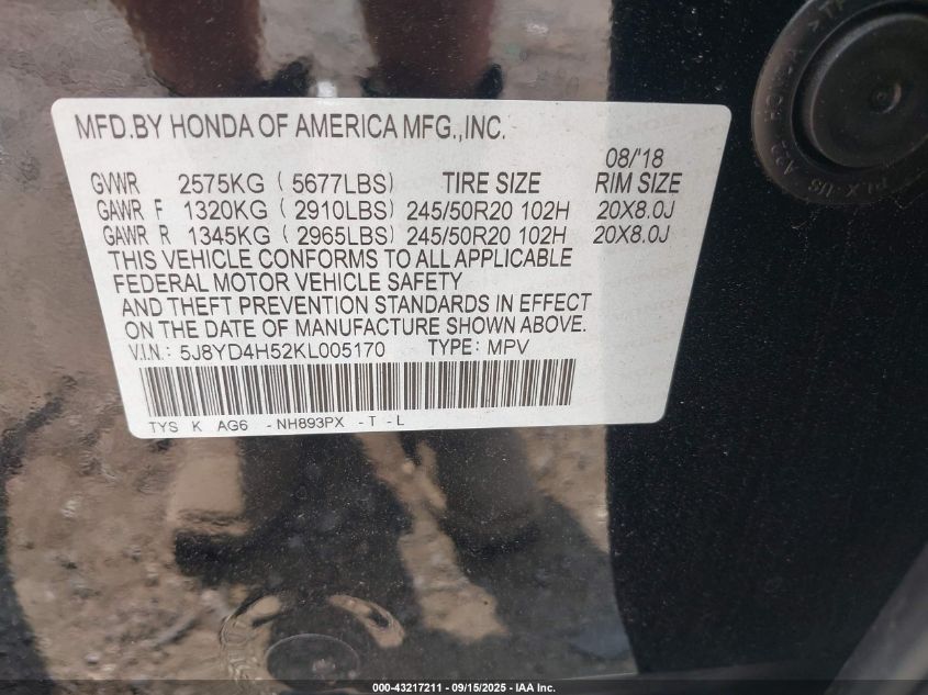 2019 Acura Mdx Tech Pkg VIN: 5J8YD4H52KL005170 Lot: 43217211