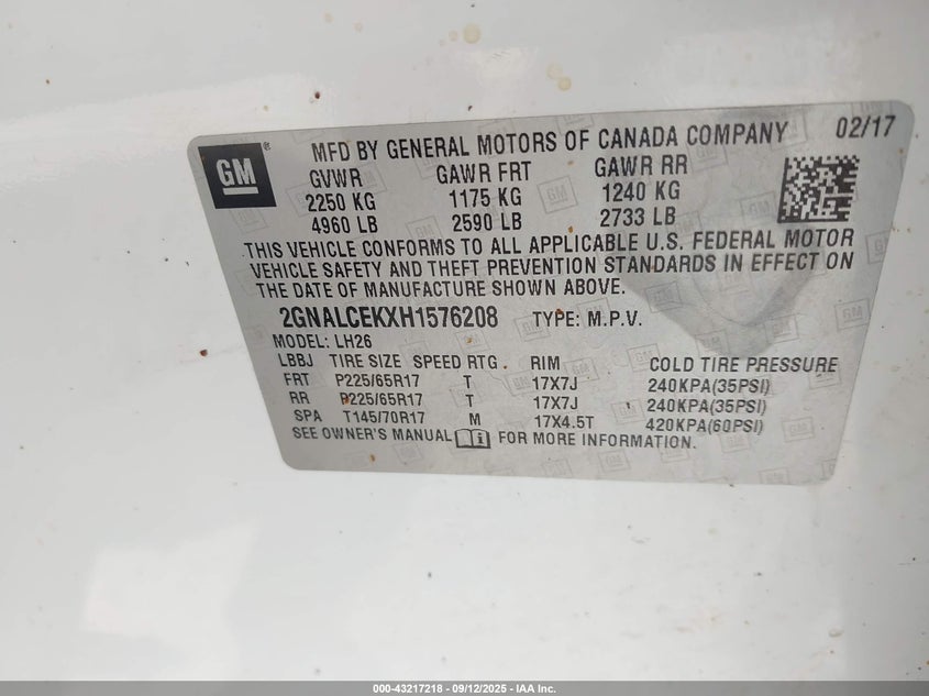 2017 CHEVROLET EQUINOX LT - 2GNALCEKXH1576208