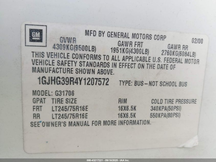 2000 GMC Savana Standard VIN: 1GJHG39R4Y1207572 Lot: 43217221