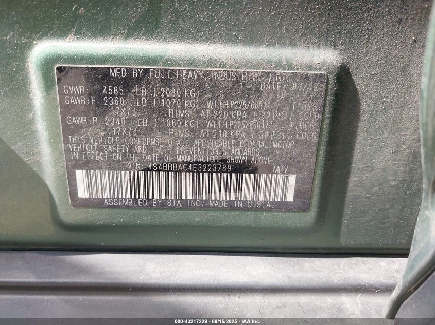 2014 Subaru Outback 3.6R Limited VIN: 4S4BRDNC6E2233249 Lot: 43217229