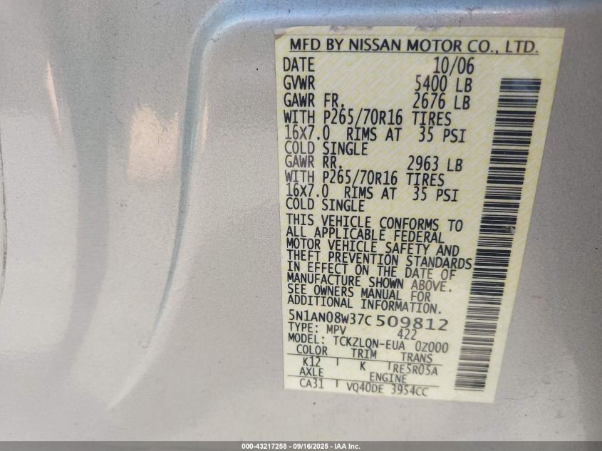 2007 Nissan Xterra X VIN: 5N1AN08W37C509812 Lot: 43217258