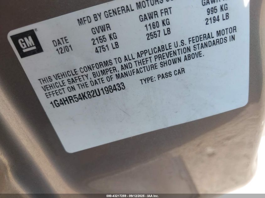 2002 Buick Lesabre Limited VIN: 1G4HR54K82U198433 Lot: 43217259