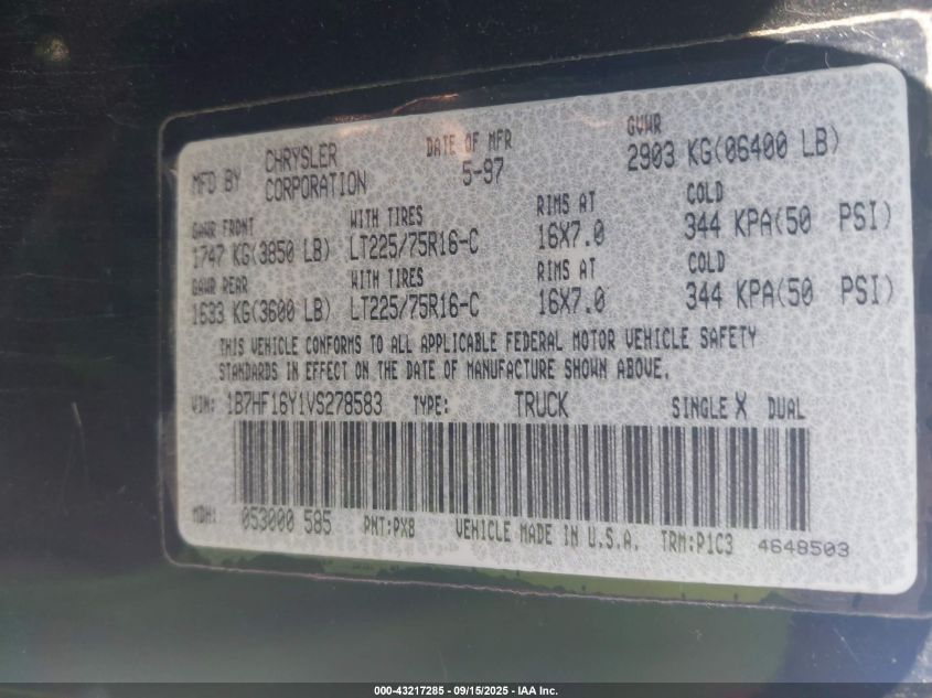 1997 Dodge Ram 1500 Lt VIN: 1B7HF16Y1VS278583 Lot: 43217285