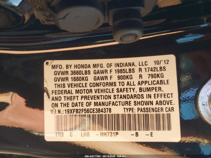 2012 Honda Civic Lx VIN: 19XFB2F56CE384378 Lot: 43217300