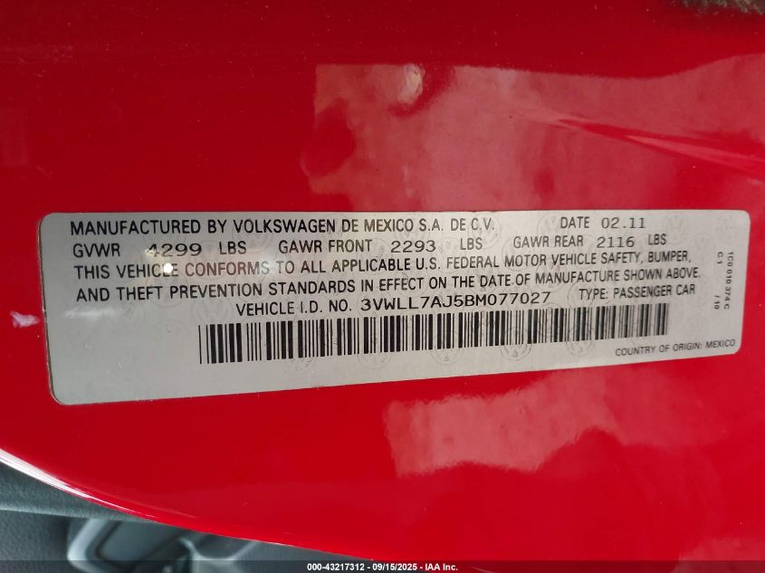 2011 Volkswagen Jetta 2.0L Tdi Le VIN: 3VWLL7AJ5BM077027 Lot: 43217312