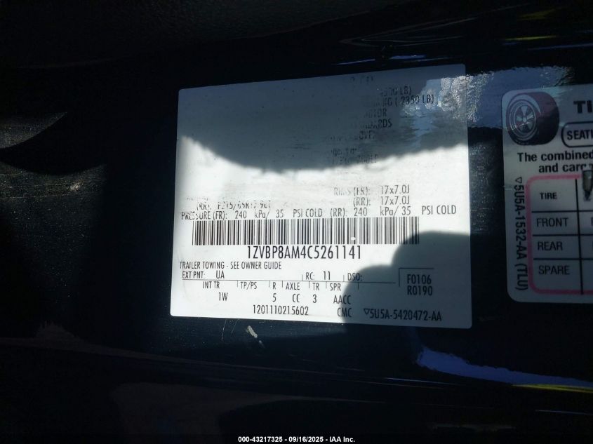 2012 Ford Mustang V6 VIN: 1ZVBP8AM4C5261141 Lot: 43217325