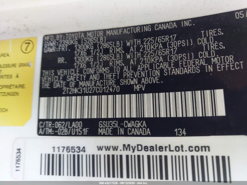 2007 Lexus Rx 350 VIN: 2T2HK31U27C012470 Lot: 43217328