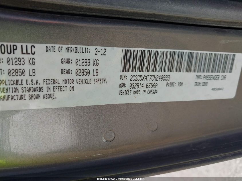 2012 Dodge Charger Police VIN: 2C3CDXAT7CH240993 Lot: 43217345