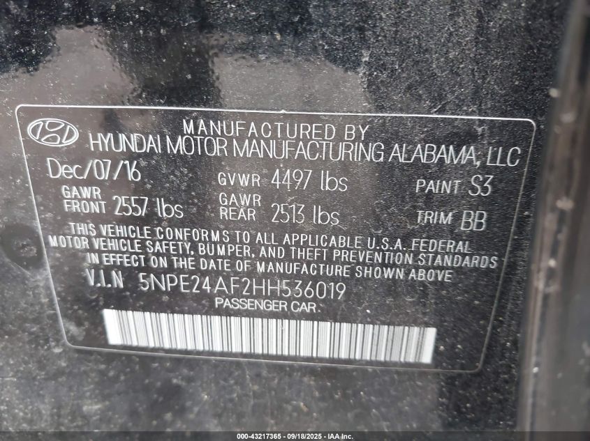 2017 Hyundai Sonata Se VIN: 5NPE24AF2HH536019 Lot: 43217365