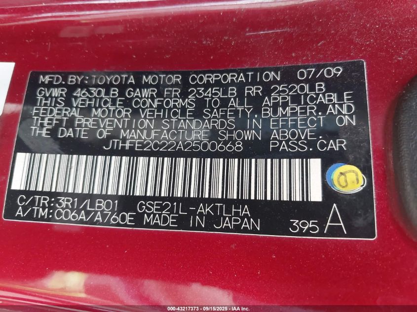 2010 Lexus Is 350C VIN: JTHFE2C22A2500668 Lot: 43217373