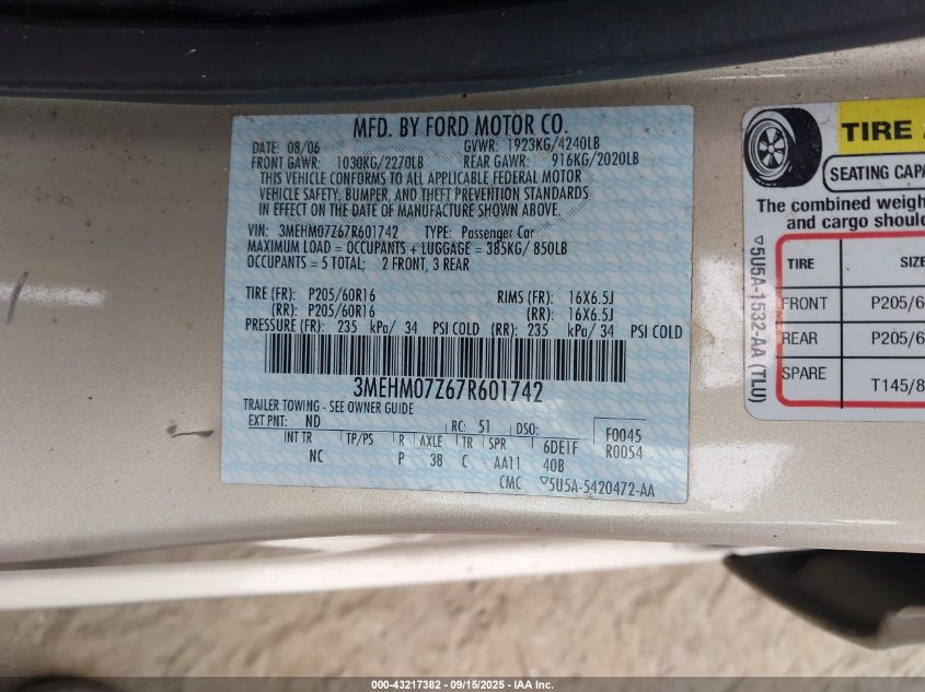 2007 Mercury Milan I4 VIN: 3MEHM07Z67R601742 Lot: 43217382