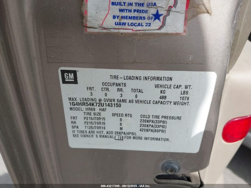 2002 Buick Lesabre Limited VIN: 1G4HR54K72U143150 Lot: 43217395