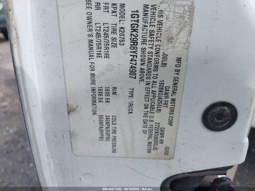 2000 GMC Sierra 2500 Classic Sl VIN: 1GTGK29R8YF474907 Lot: 43217420