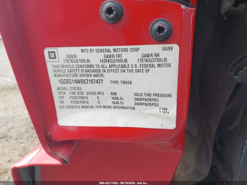 1999 Chevrolet Silverado 1500 VIN: 1GCEC14W8XZ187477 Lot: 43217429