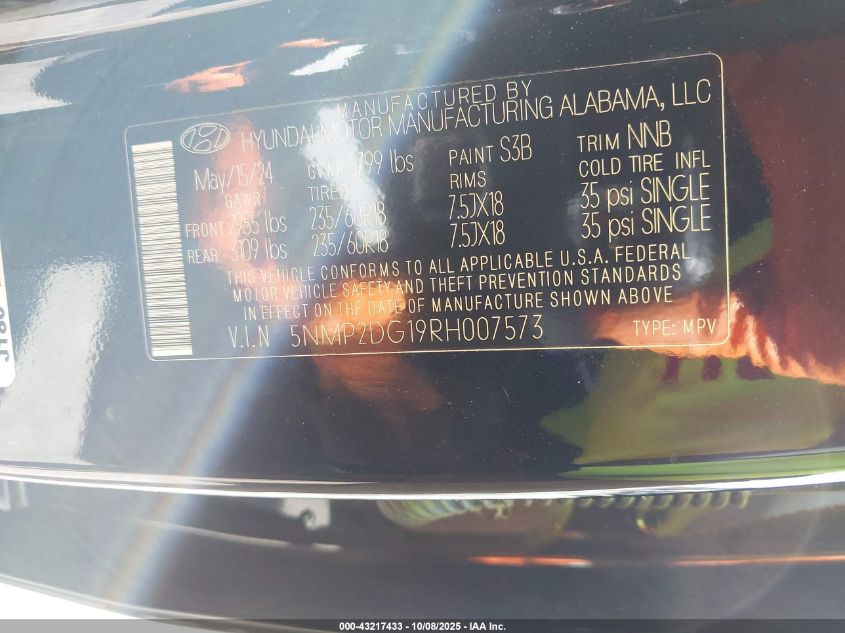 2024 Hyundai Santa Fe Hybrid Sel VIN: 5NMP2DG19RH007573 Lot: 43217433