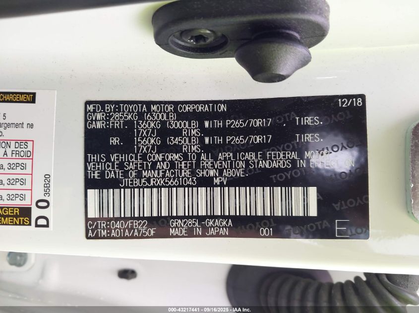 2019 Toyota 4Runner Sr5 VIN: JTEBU5JRXK5661043 Lot: 43217441