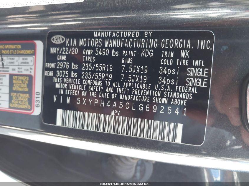 2020 Kia Sorento 3.3L Ex VIN: 5XYPH4A50LG692641 Lot: 43217443
