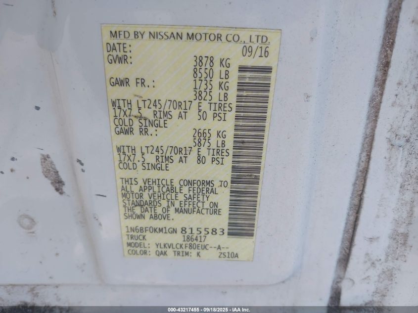 2016 Nissan Nv Cargo Nv1500 S V6 VIN: 1N6BF0KM1GN815583 Lot: 43217455