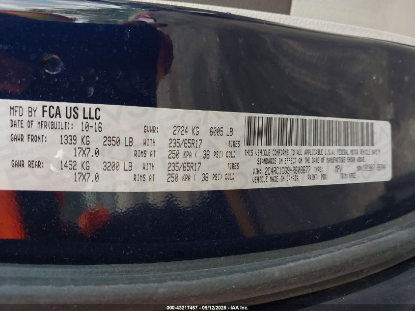 2017 Chrysler Pacifica Lx VIN: 2C4RC1CG9HR608677 Lot: 43217467