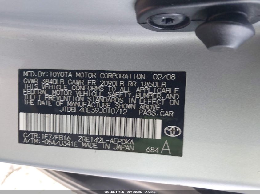 2009 Toyota Corolla Le VIN: JTDBL40E39J010712 Lot: 43217486