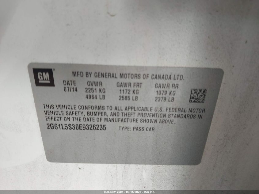 2014 Cadillac Xts VIN: 2G61L5S30E9326235 Lot: 43217501