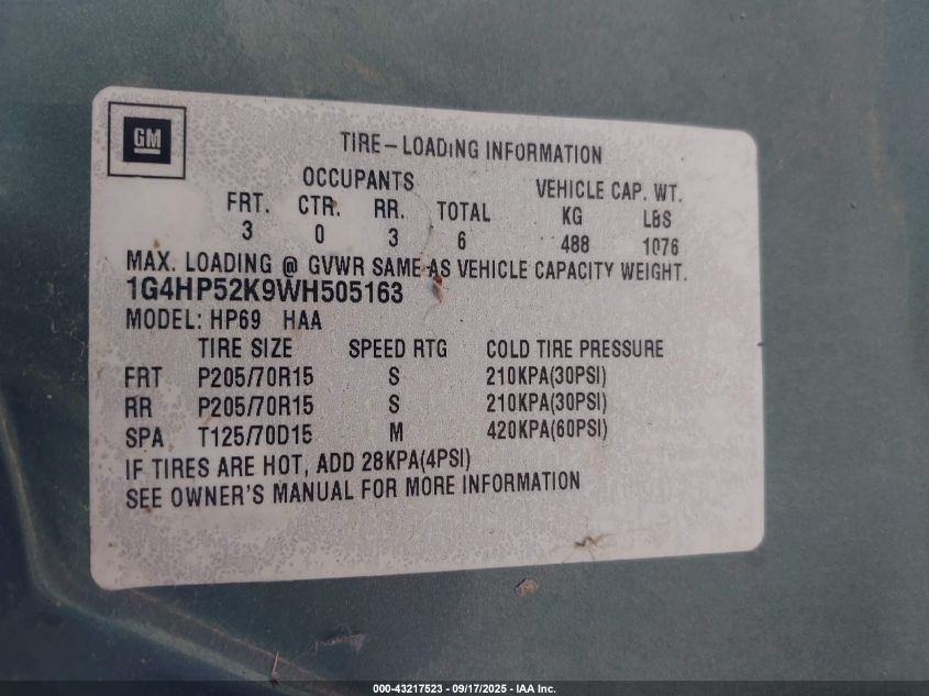 1998 Buick Lesabre Custom VIN: 1G4HP52K9WH505163 Lot: 43217523